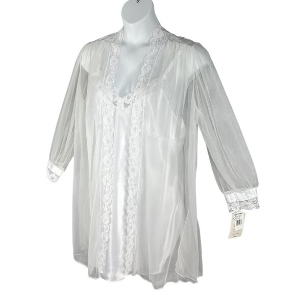 NWT Cinema Etoile Women L White Chiffon Robe Satin Babydoll Chemise Peignoir Set - Picture 6 of 16